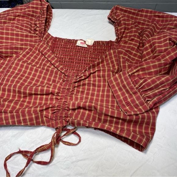Levi’s Puff Sleeve Plaid Ruched Crop Top Devin Medium Women’s Red Long Sleeve - Picture 11 of 16